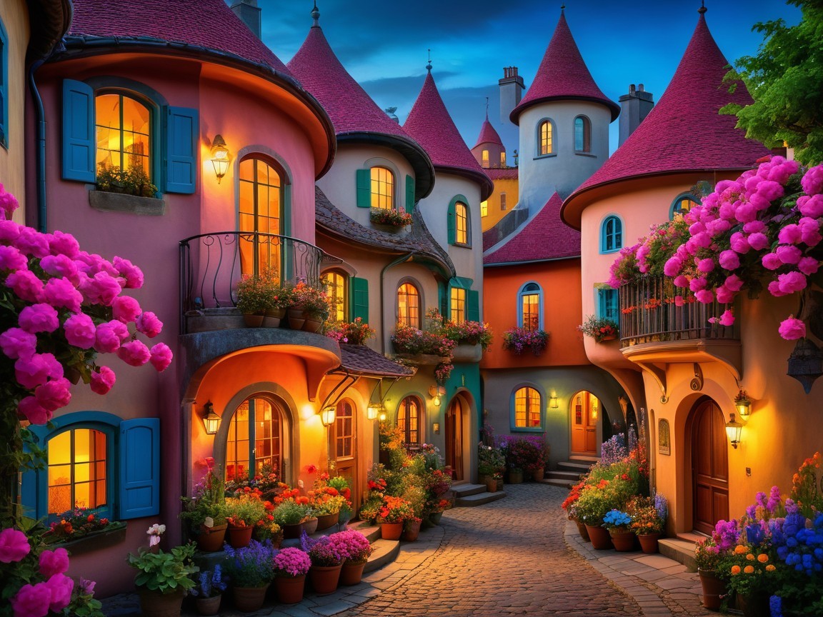 Charming Alleyway with Colorful Buildings and Blooms