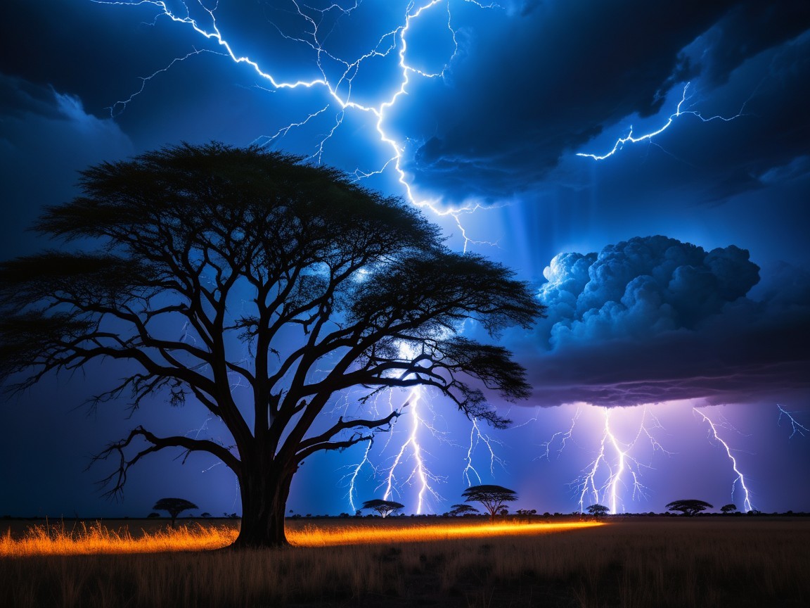 Dramatic Stormy Scene with Acacia Tree Silhouette