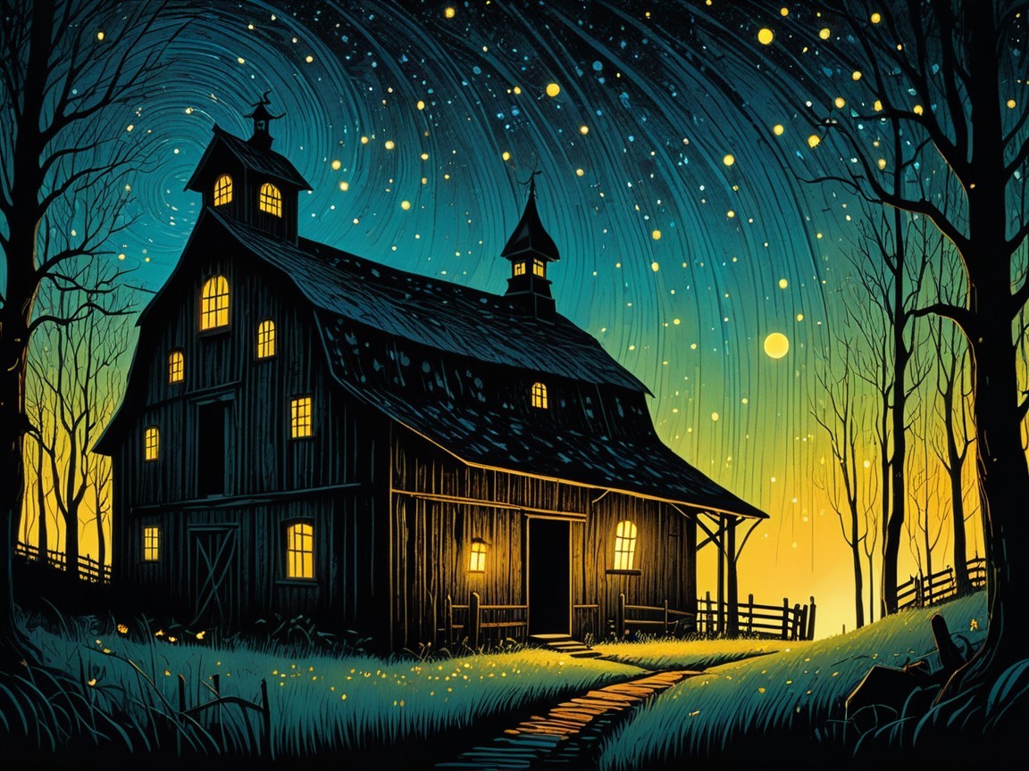 Dark Wooden Barn Under Starry Night Sky
