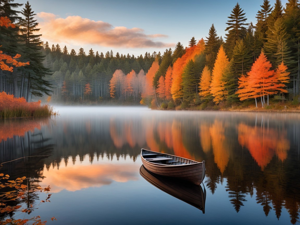 Autumn Lake Scene with Reflections and Fog