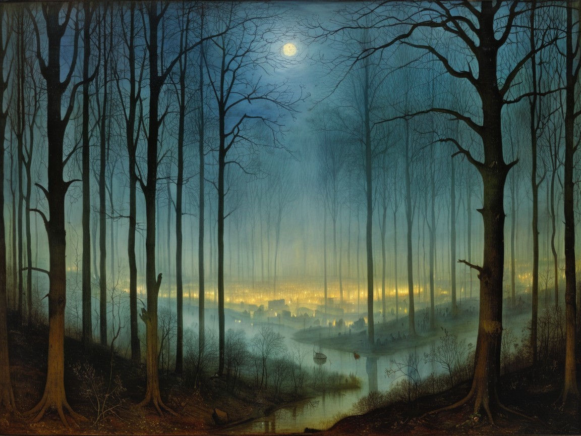 Serene Nocturnal Landscape with Moonlit Village