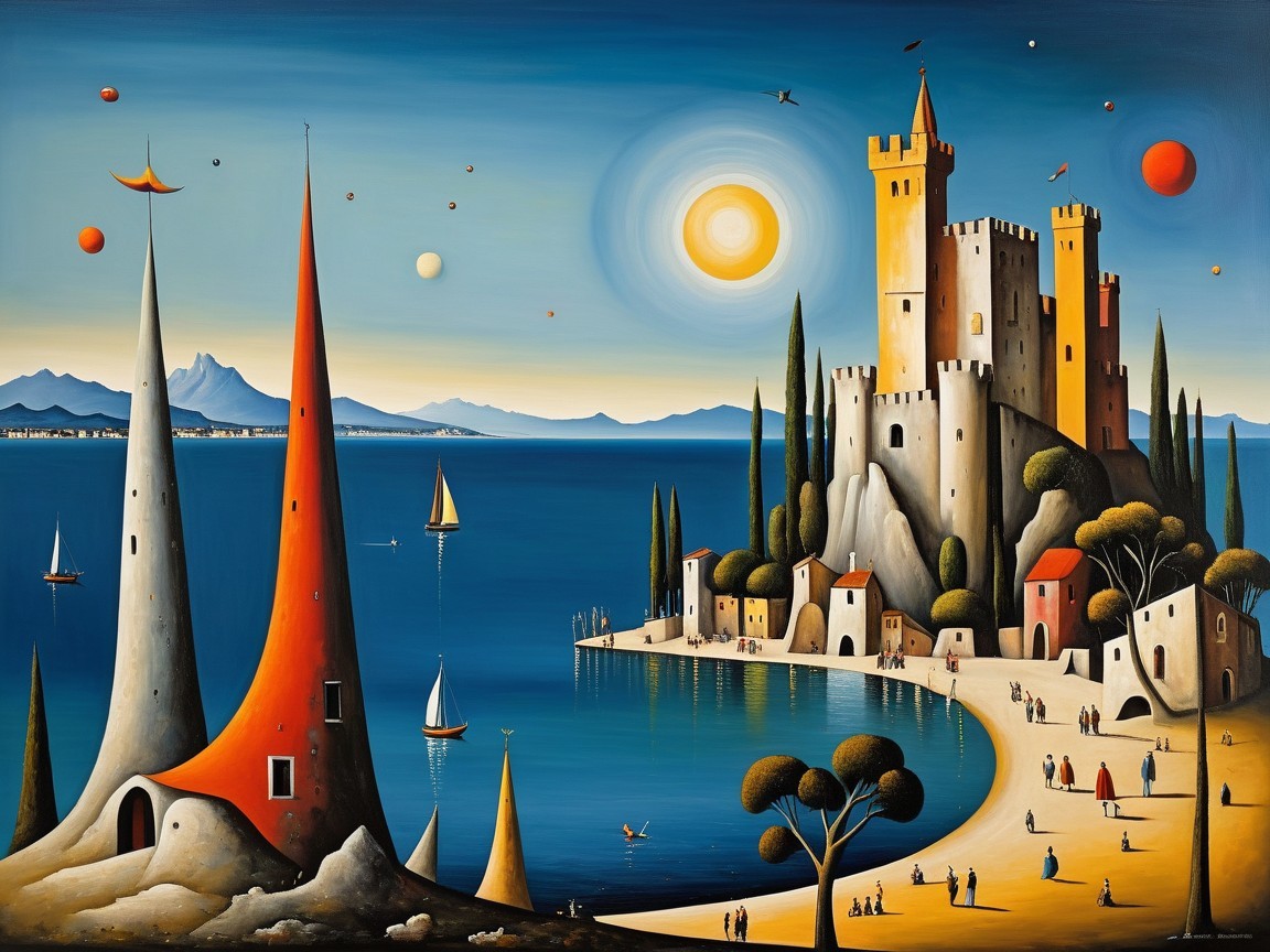 Surreal Coastal Landscape with Castle and Planets