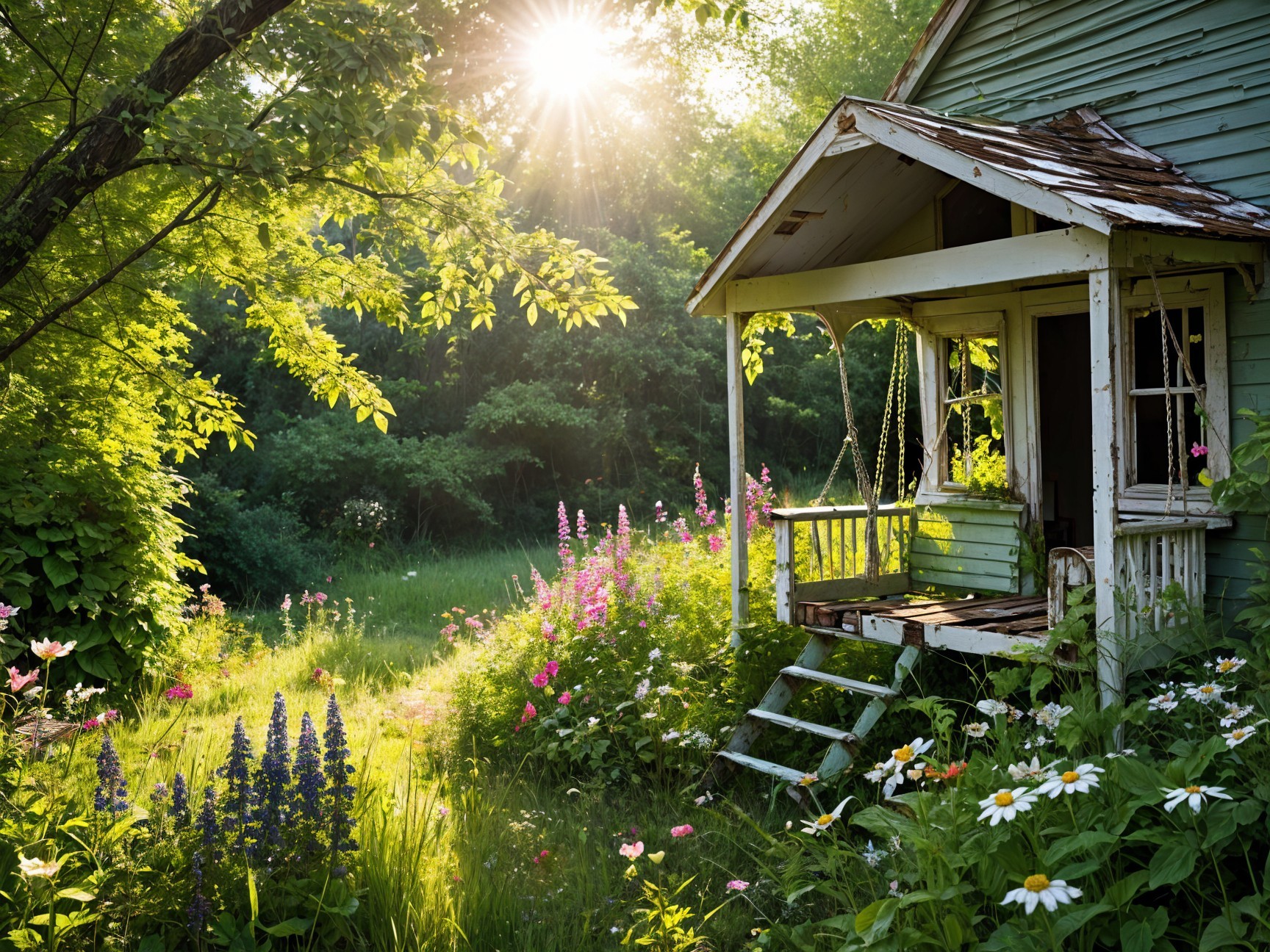 Weathered Blue House Porch Surrounded by Wildflowers