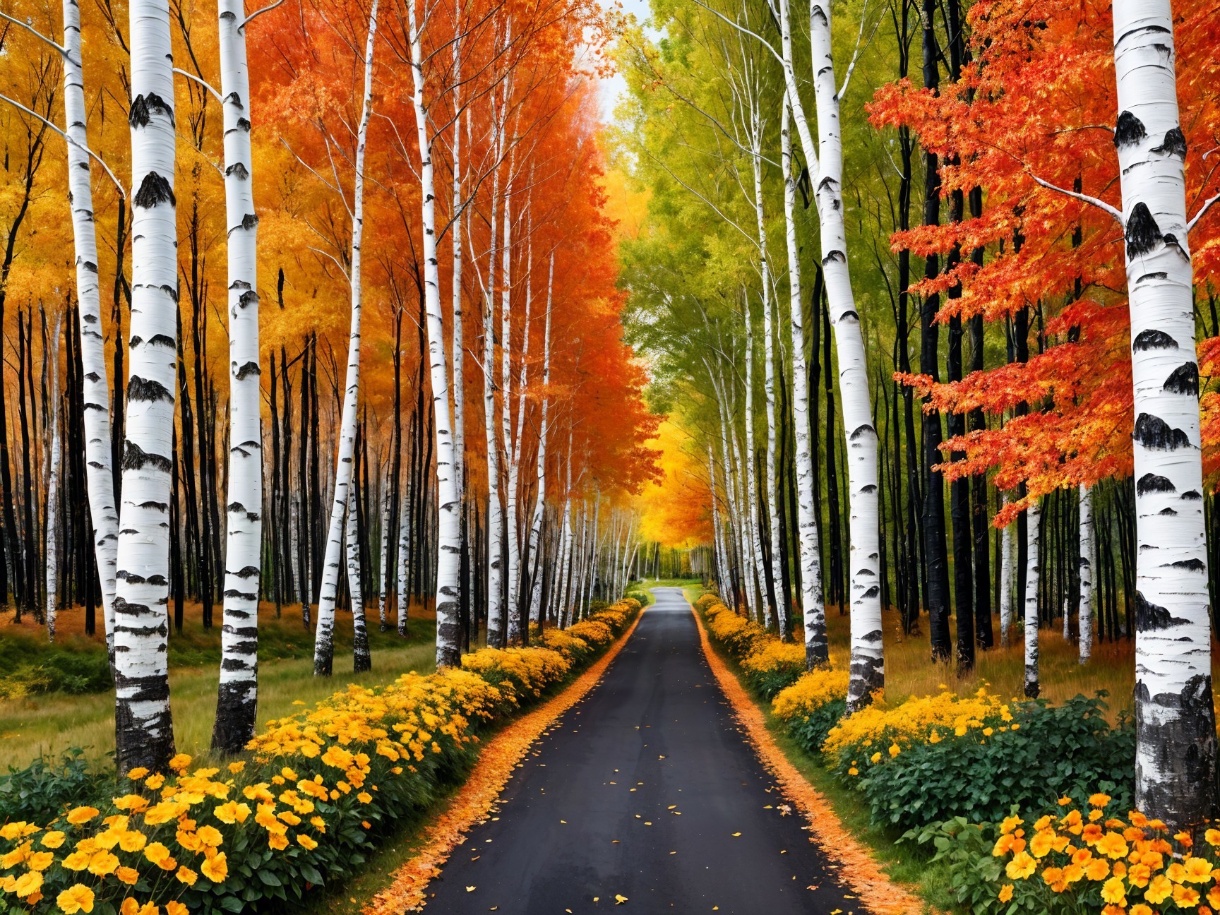 Autumn Landscape with Winding Road and Vibrant Trees