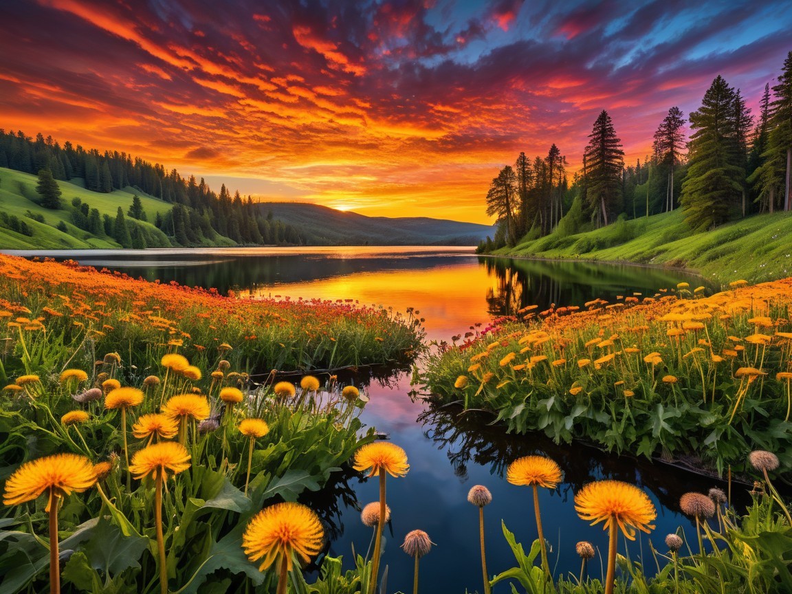 Serene Lake with Dandelions and Vibrant Sunset