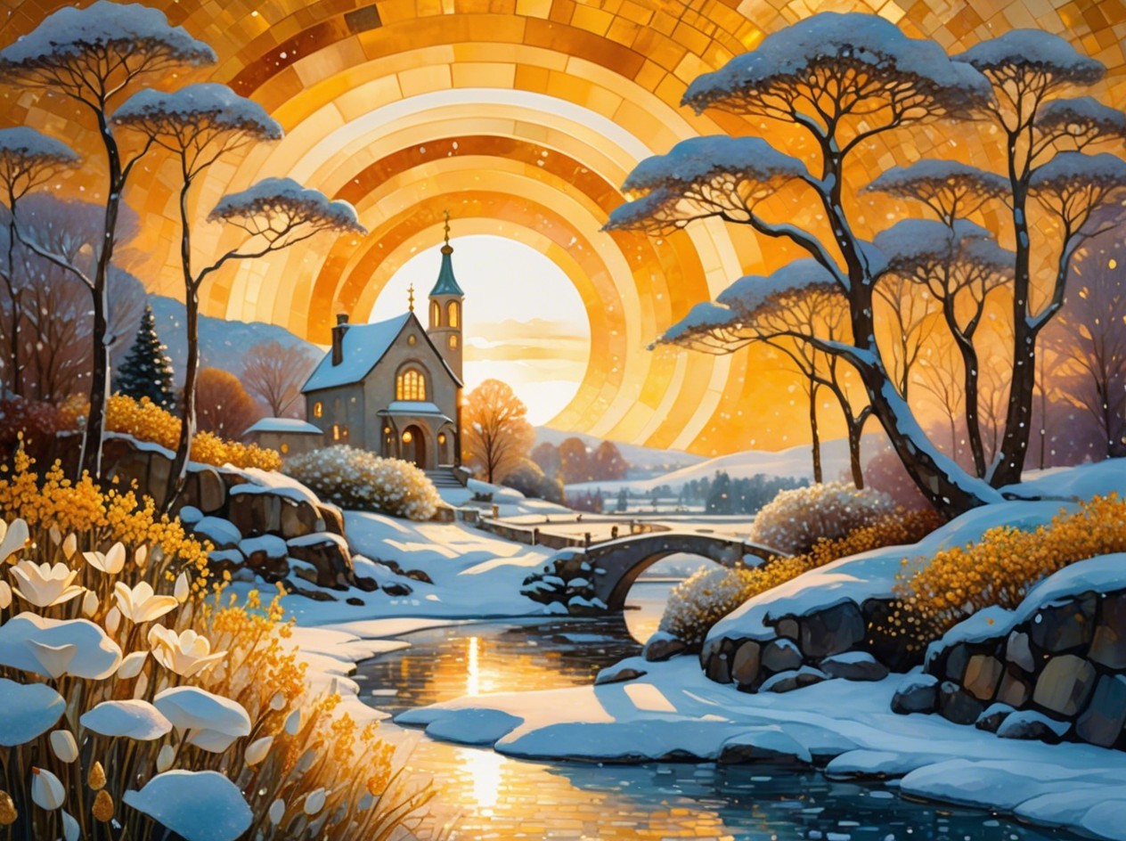 Whimsical Winter Landscape with Stone Church and River