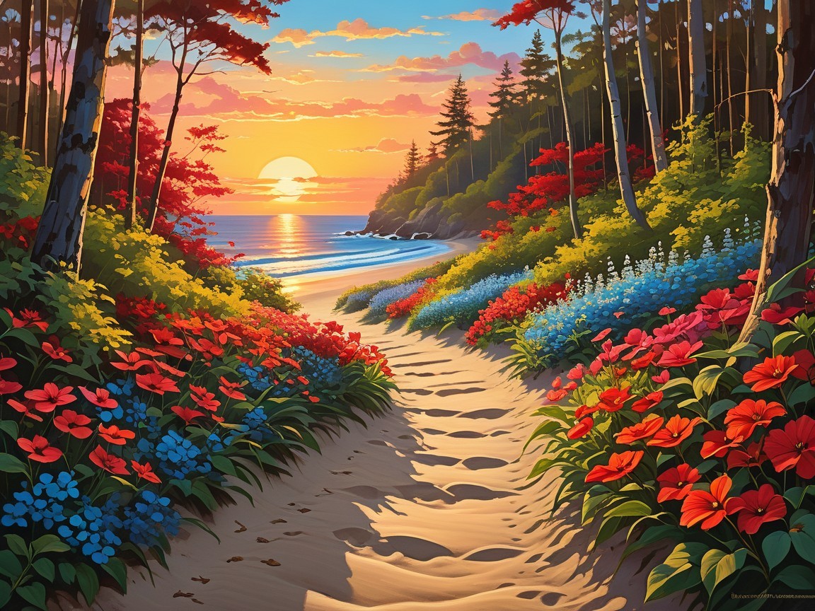 Vibrant Coastal Sunset with Blooming Flowers and Waves