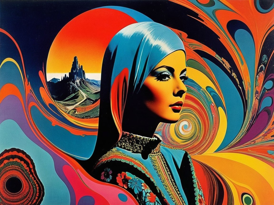 Portrait of a Woman with Colorful Headscarf and Psychedelic Background