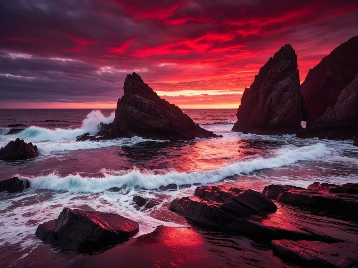 Coastal Dusk Scene with Rocky Formations and Sunset