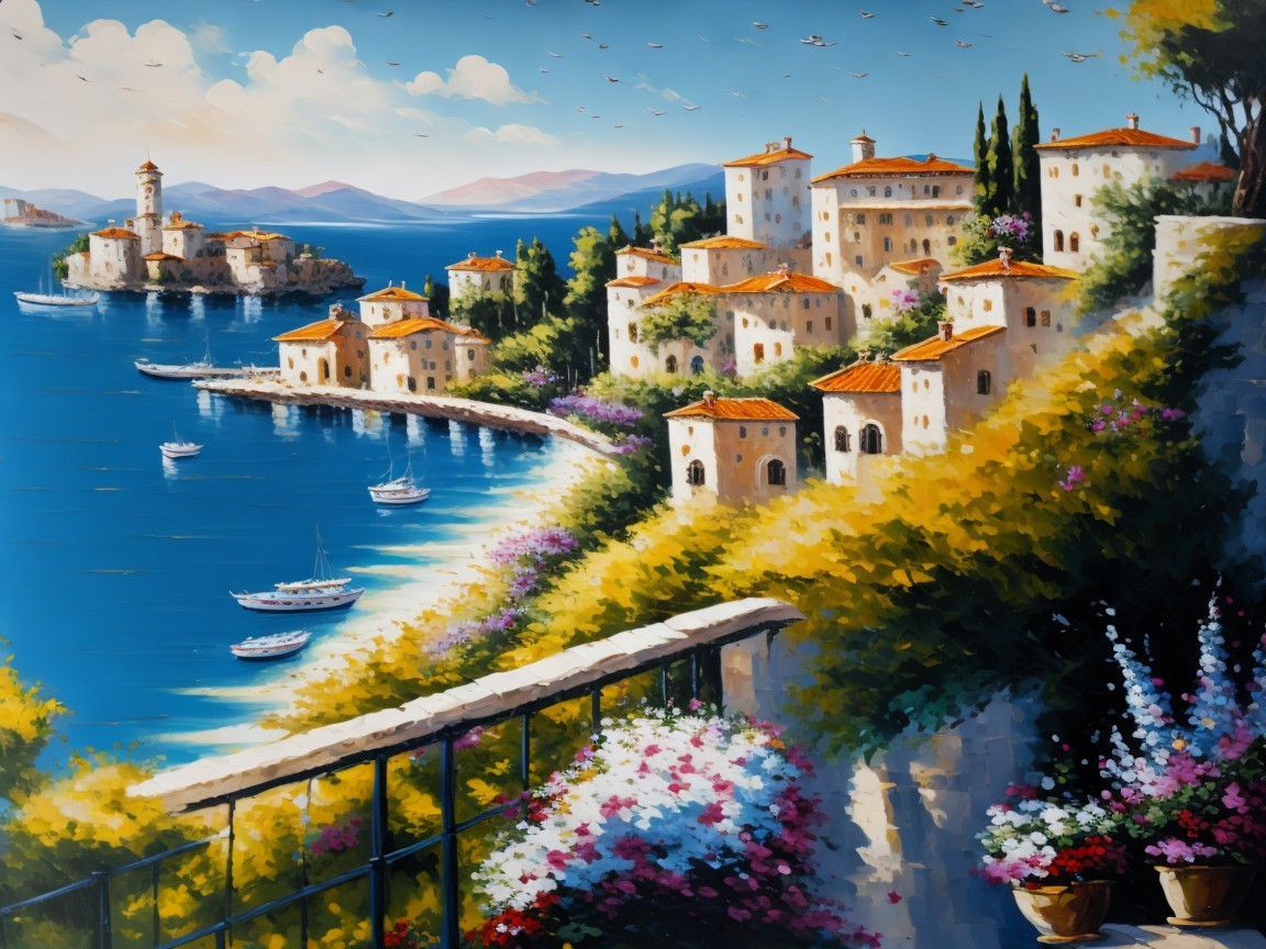 Mediterranean Coastal Scene with Houses and Sea