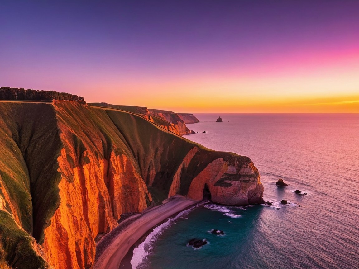 Coastal Landscape at Sunset with Cliffs and Sea
