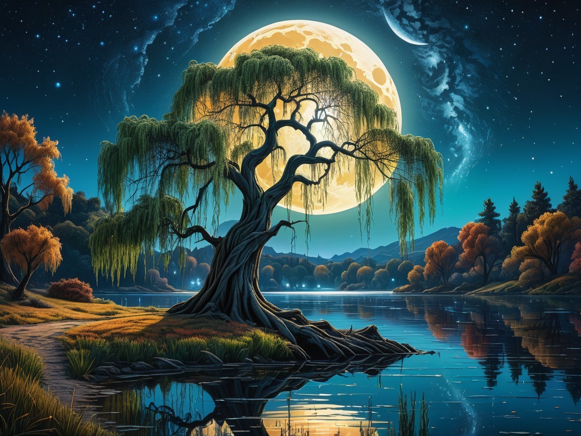 Serene Landscape with Willow Tree and Full Moon