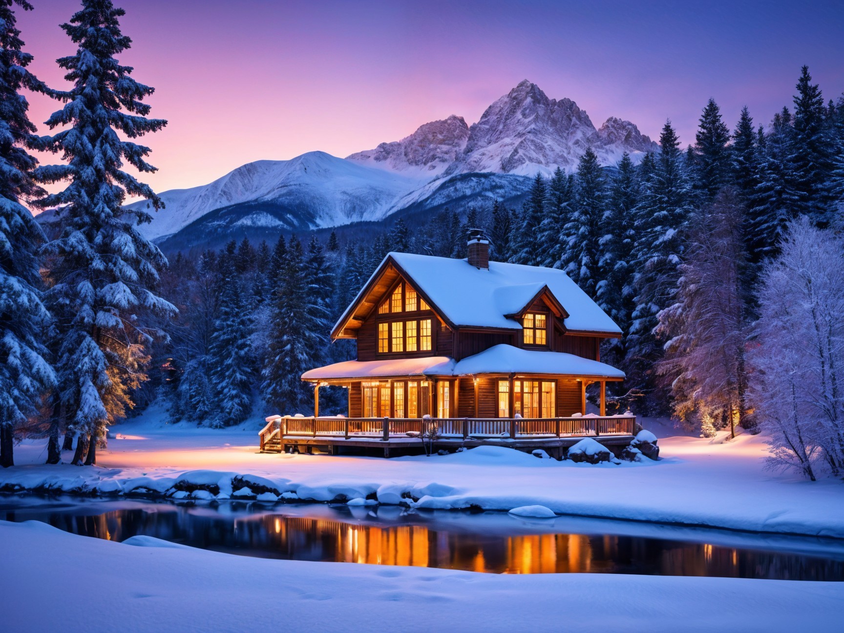 Wooden cabin in snowy landscape with mountains and river