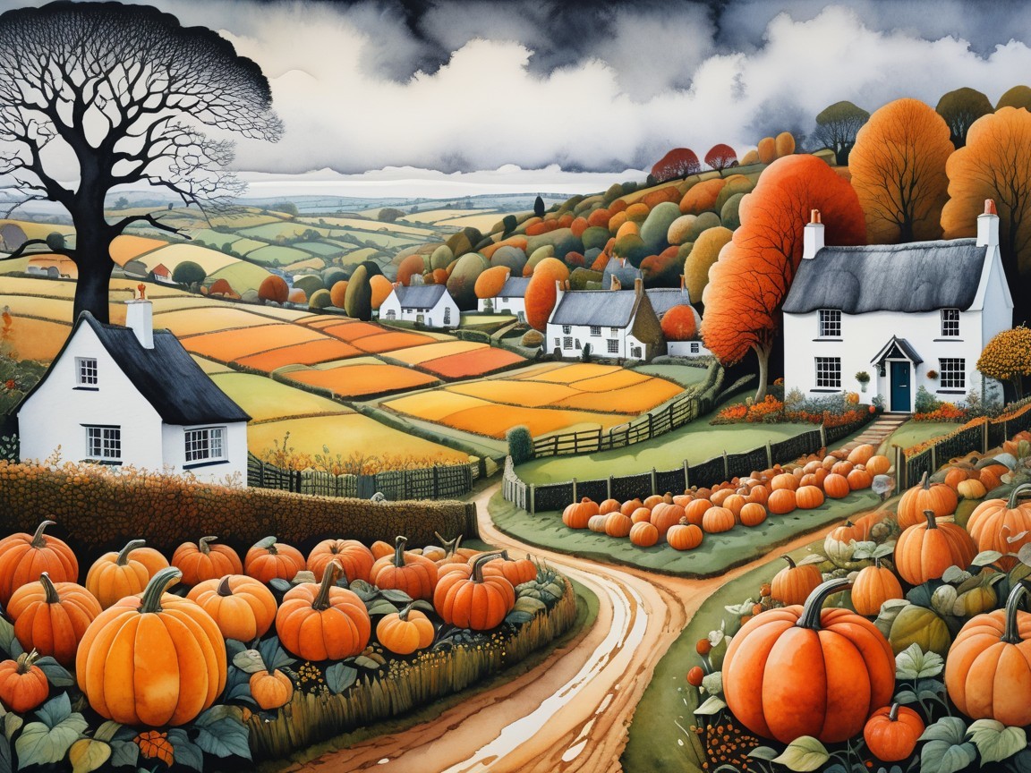 Vibrant Autumn Landscape with Cottages and Pumpkins