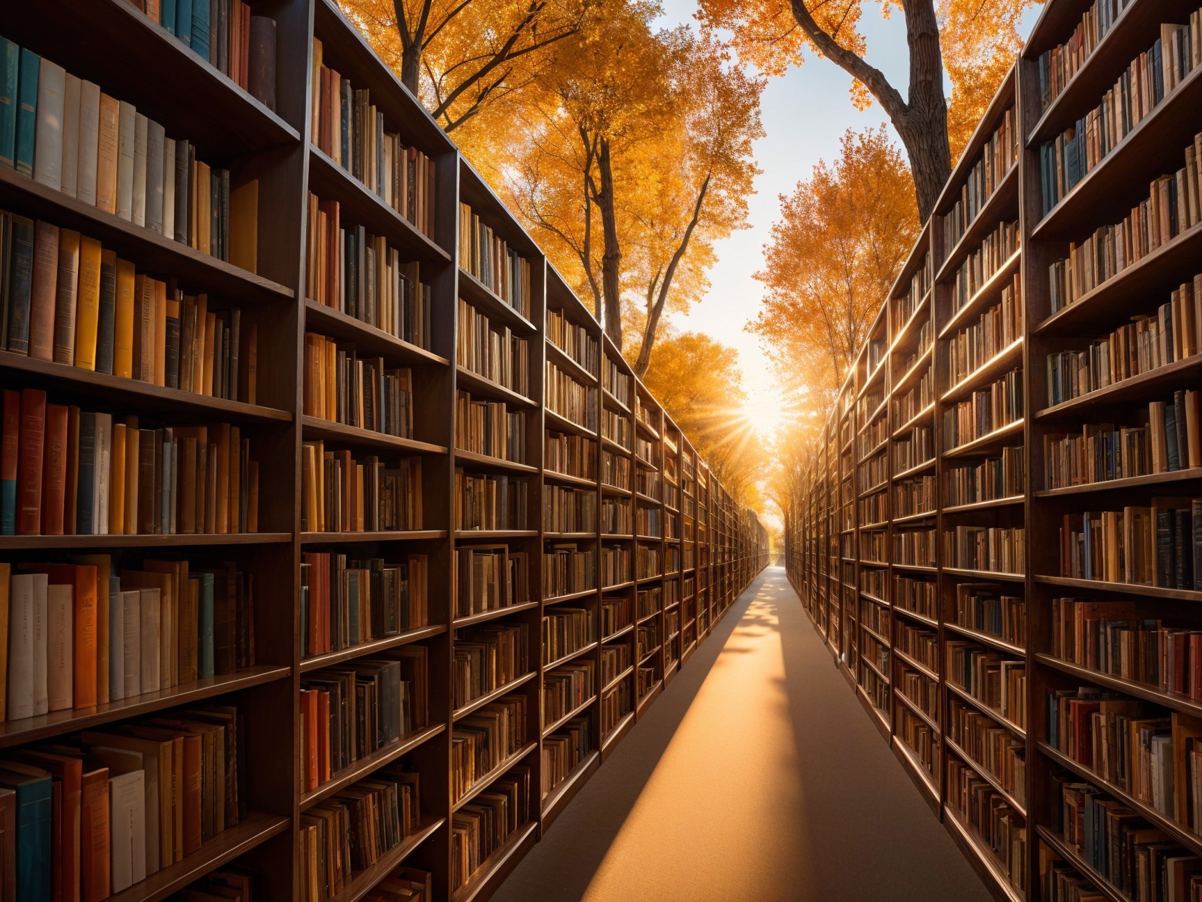 Picturesque Library Corridor with Autumn Leaves