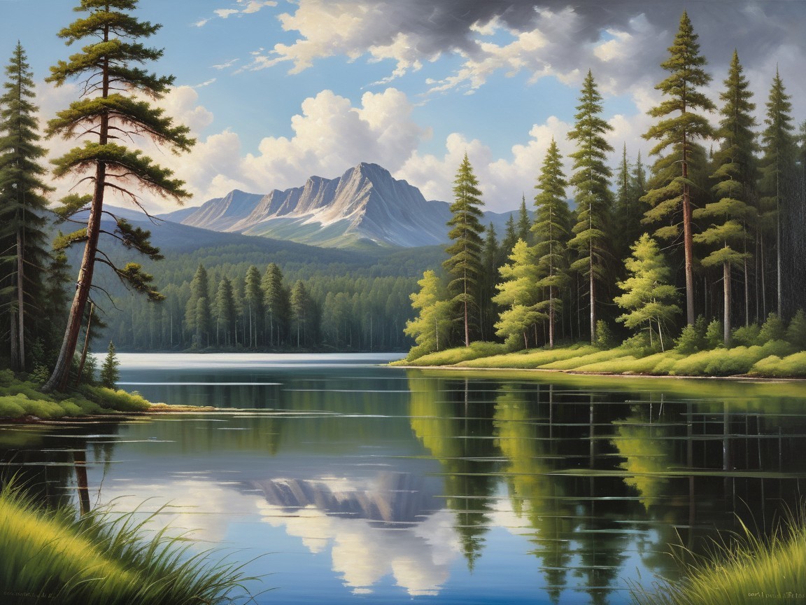 Serene Landscape with Lake, Mountains, and Pine Trees