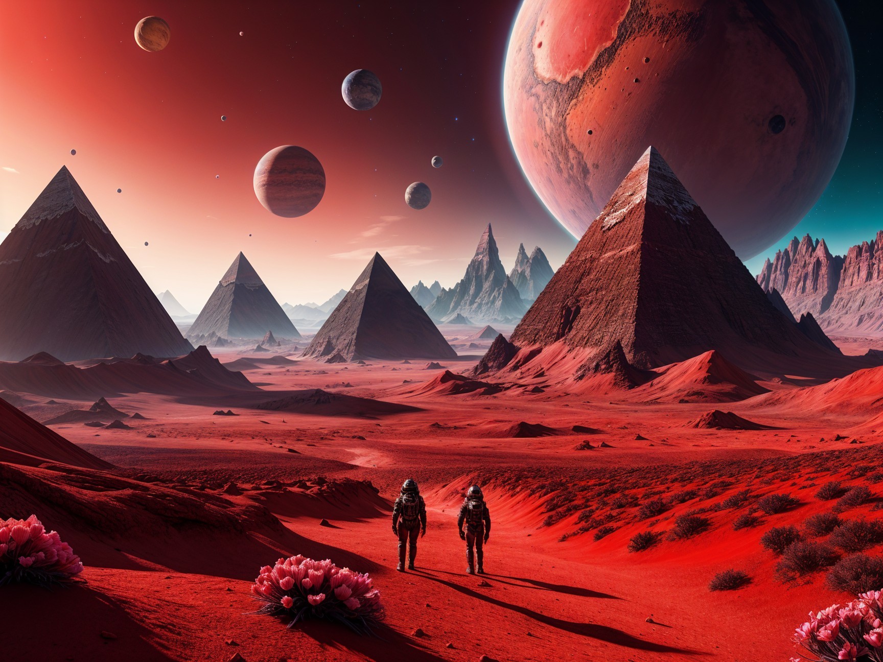 Astronauts in a Surreal Red Landscape with Pyramids