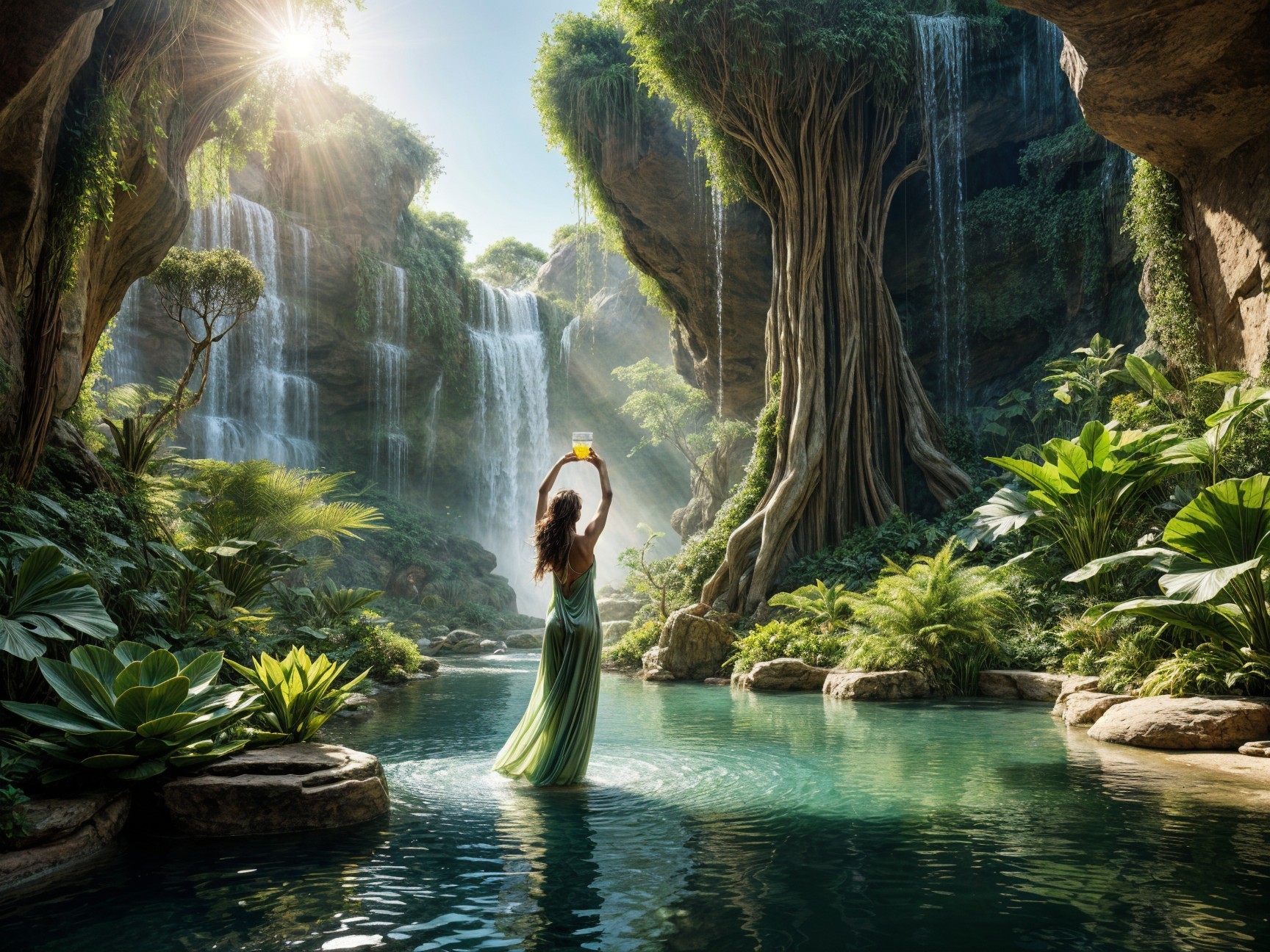 Tropical Paradise with Waterfalls and Flowing Dress