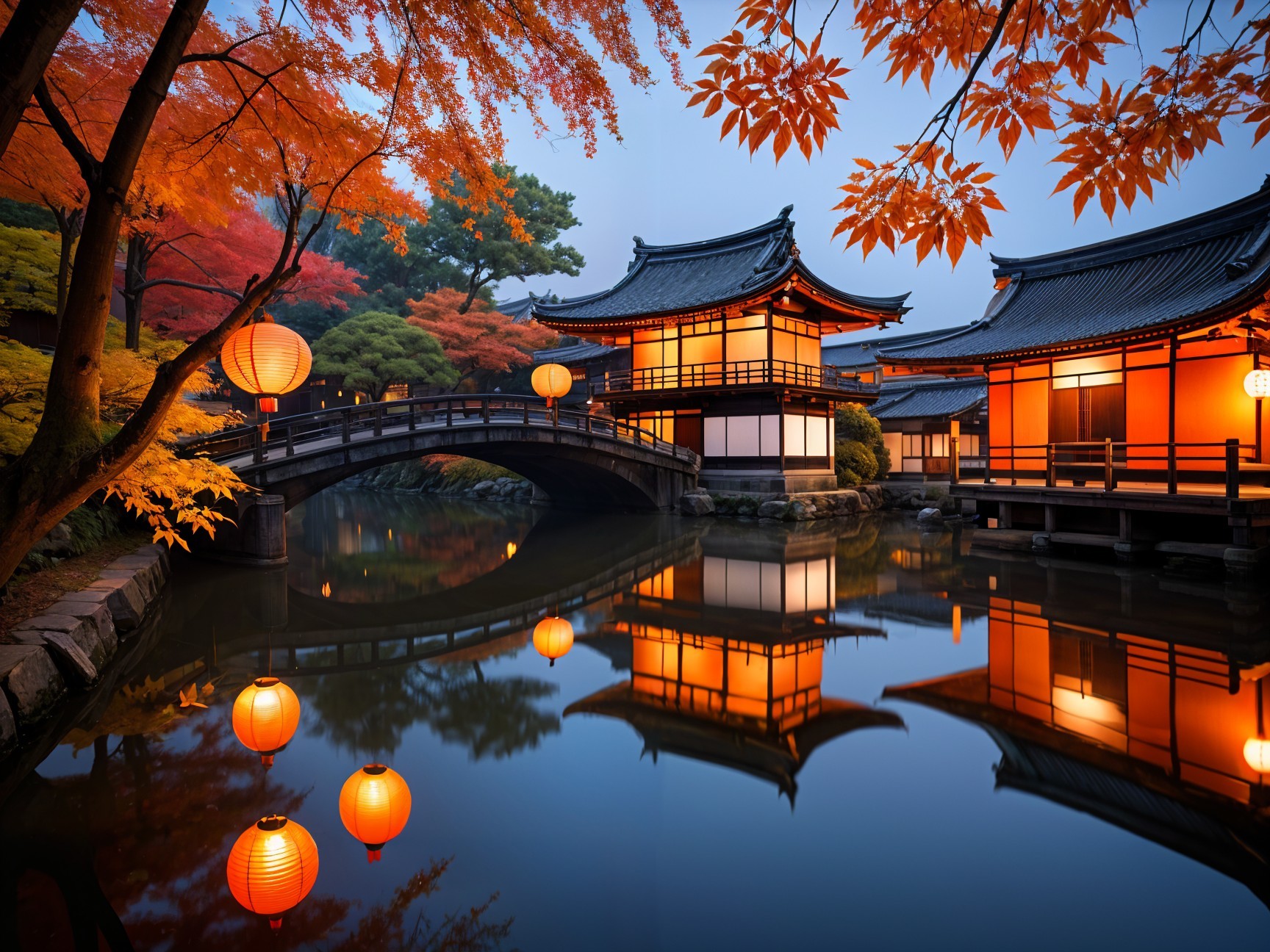 Serene Japanese Landscape with Autumn Colors and Lights