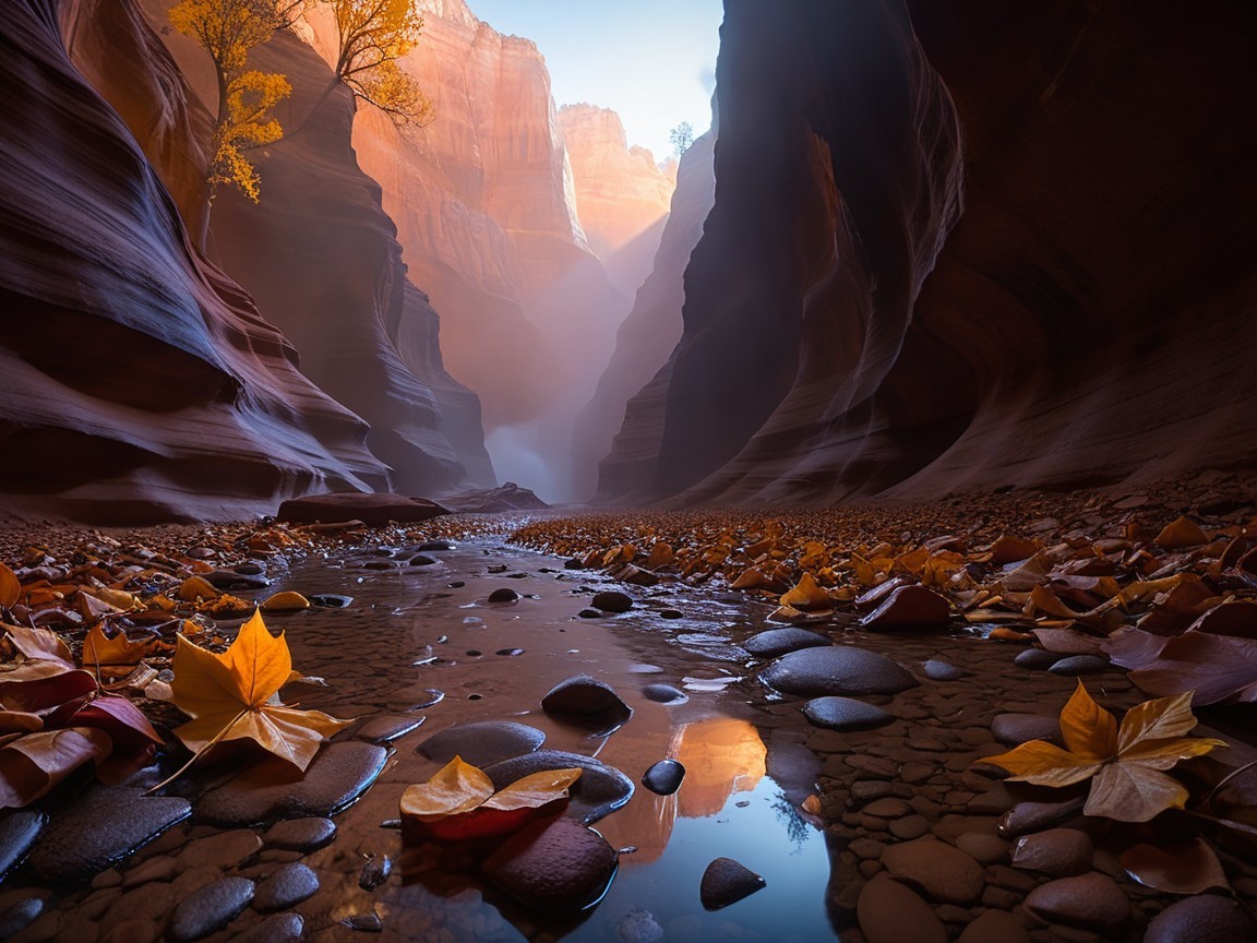 Serene Slot Canyon with Red Rocks and Gentle Stream