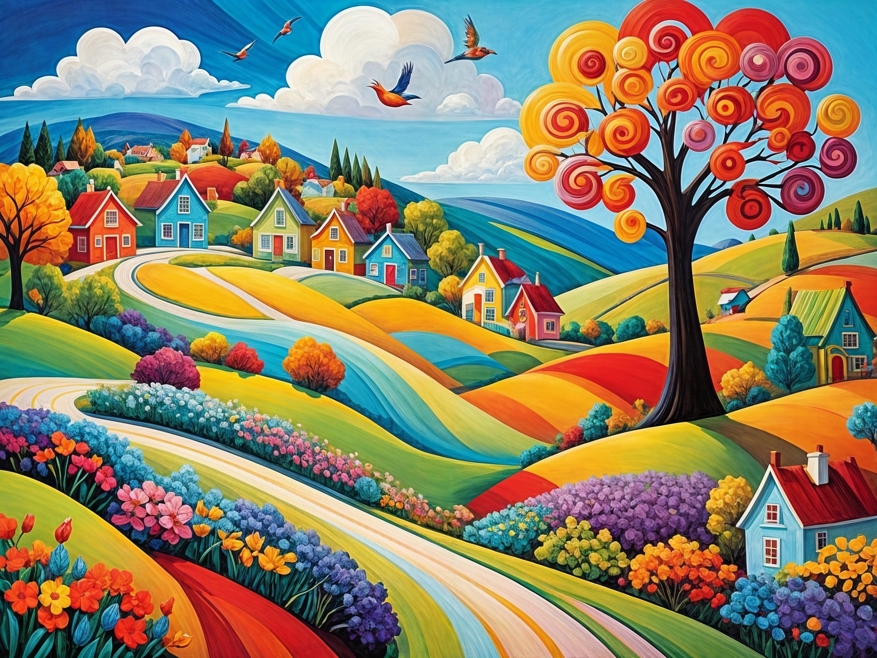 Vibrant Landscape with Colorful Hills and Houses