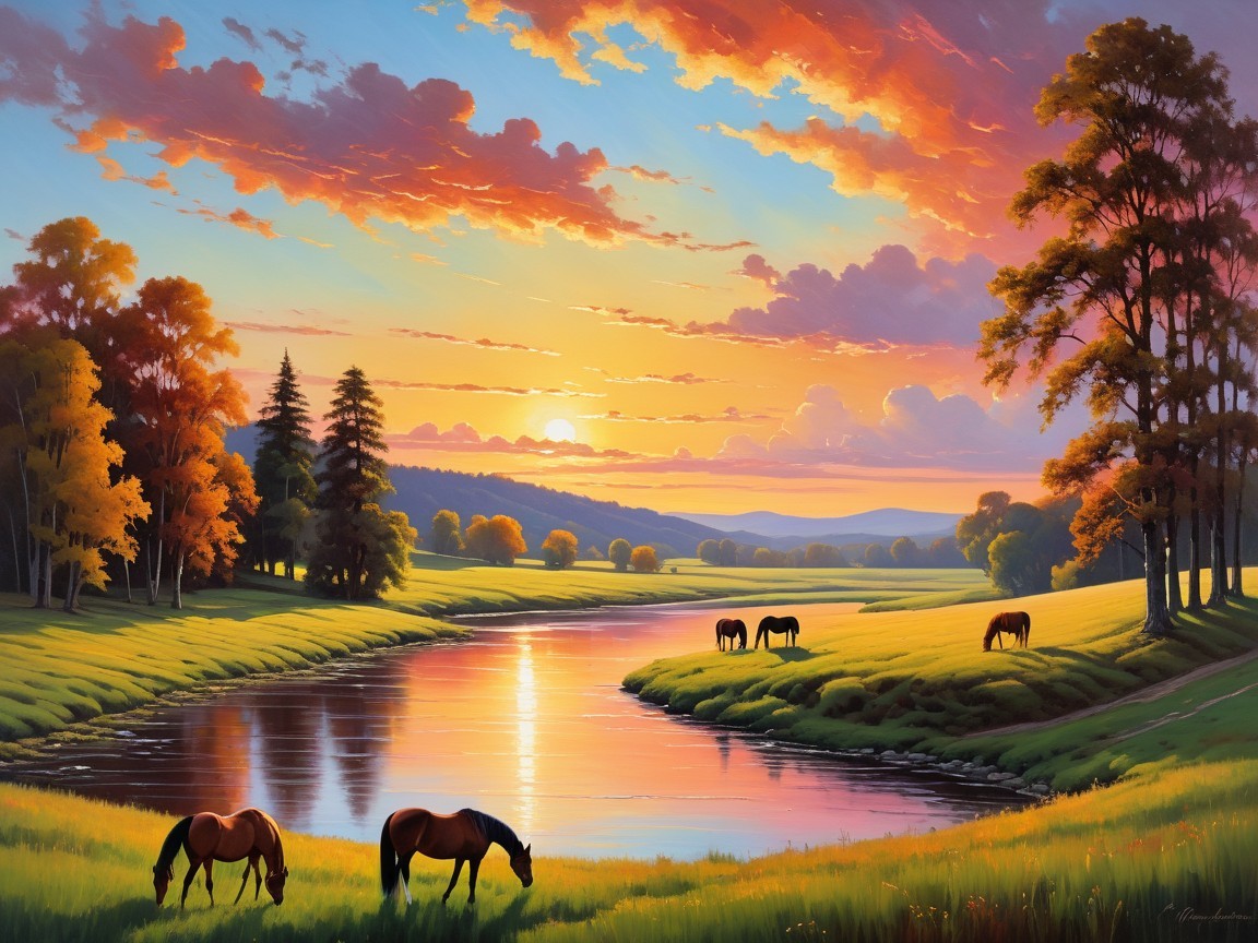 Sunset Landscape with Hills, River, and Grazing Horses