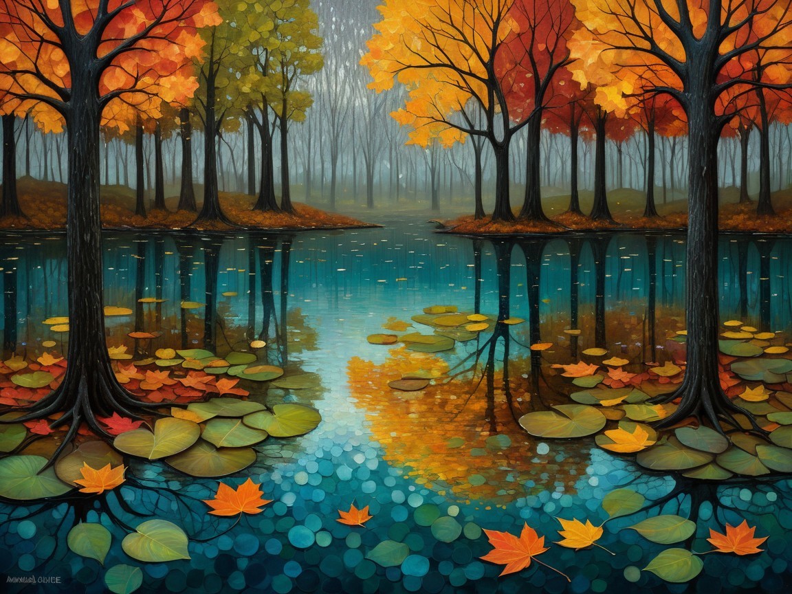 Serene Autumn Landscape with Vibrant Trees and Pond