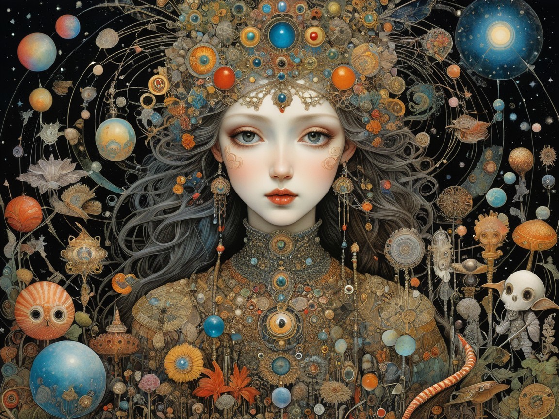 Ethereal Figure with Celestial Patterns and Flora