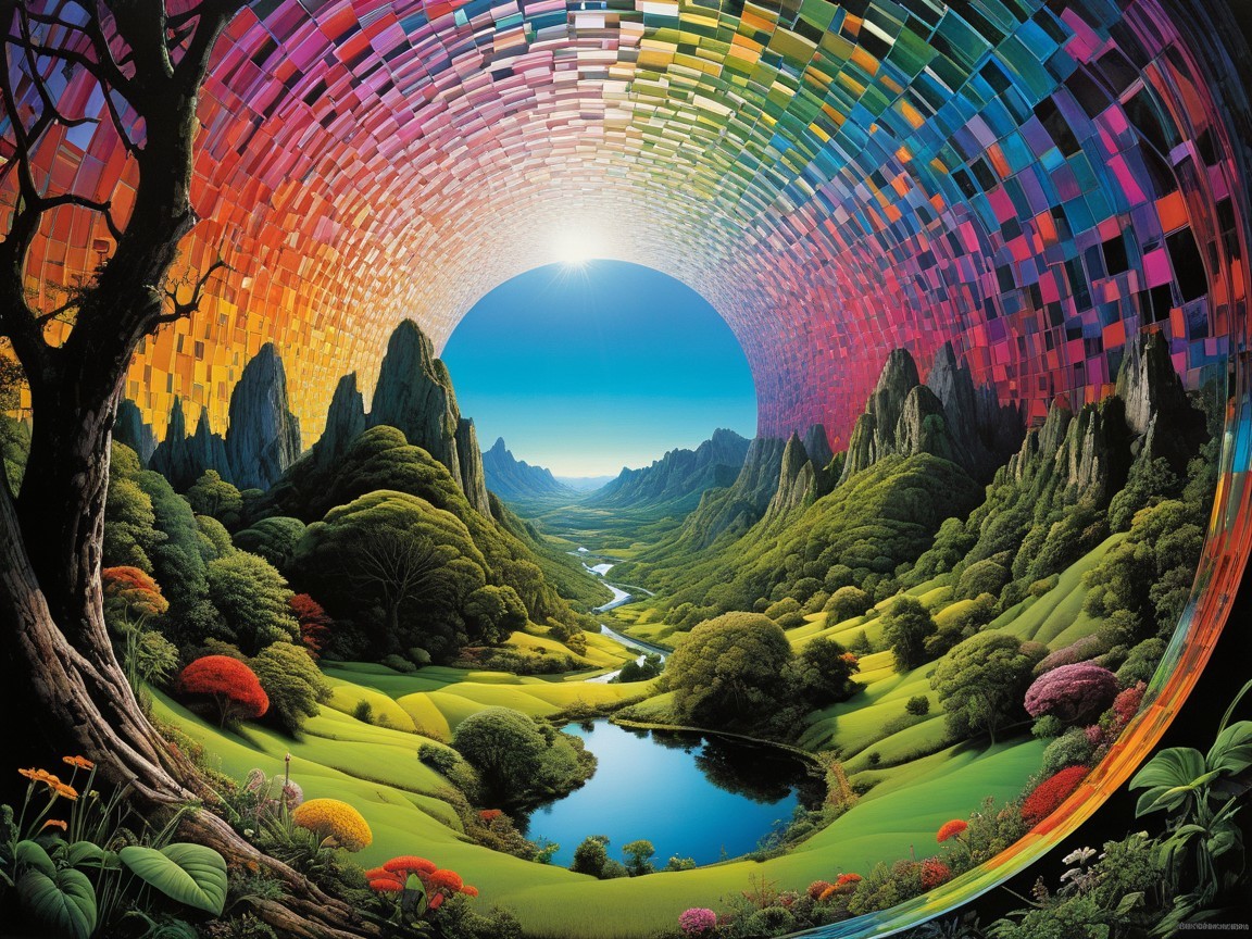 Vibrant Landscape with Kaleidoscopic Arch and River