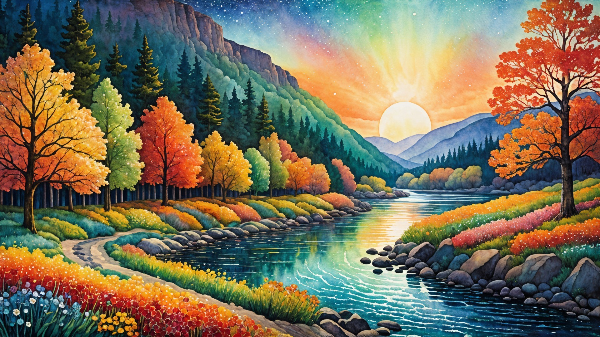 Vibrant Autumn Landscape with Winding River and Mountains