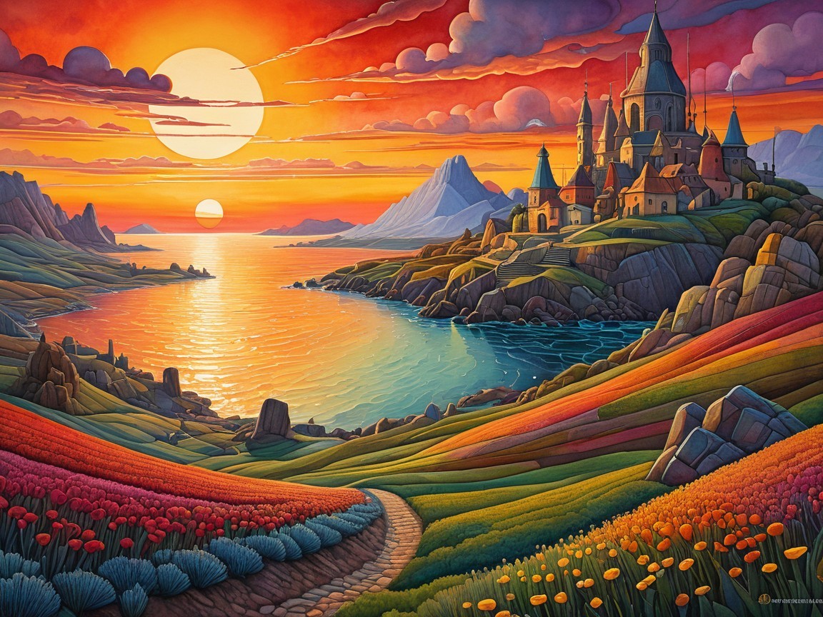 Vibrant Sunset Over Tranquil Landscape with Castle