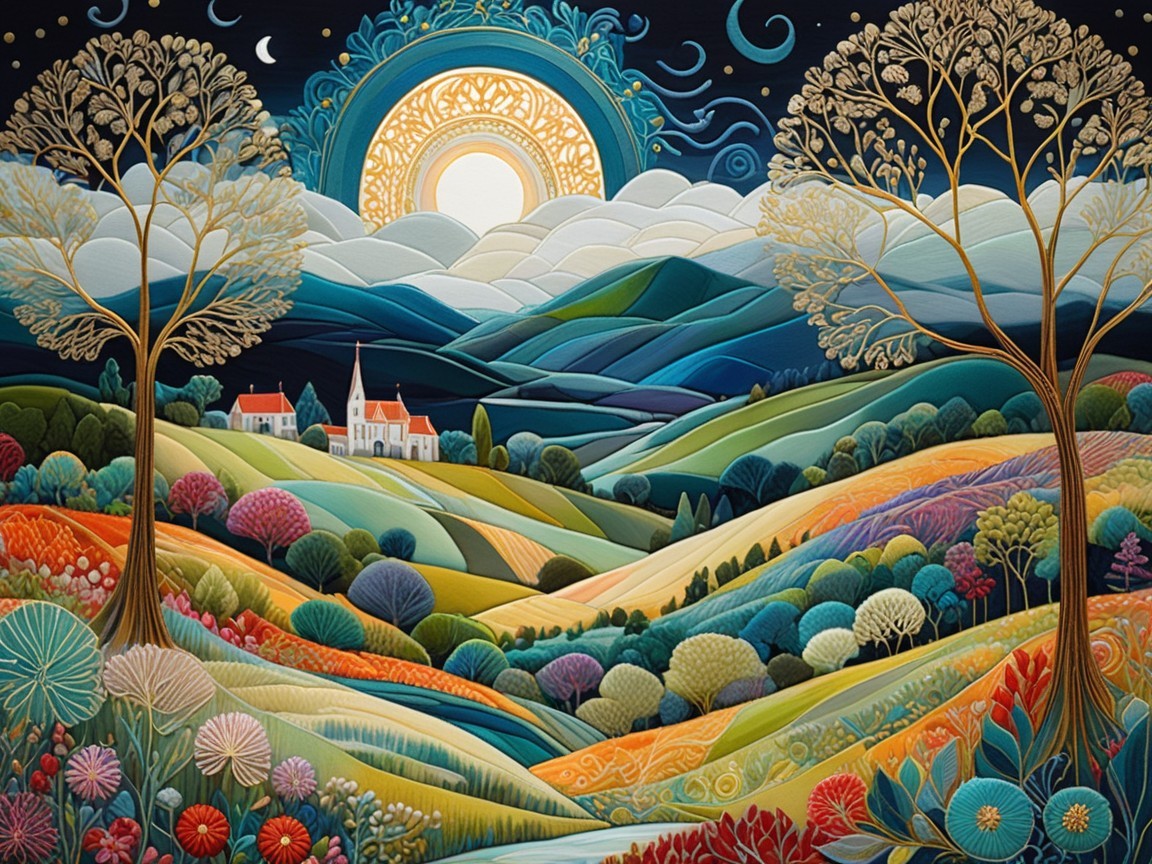 Vibrant Landscape with Colorful Hills and Village