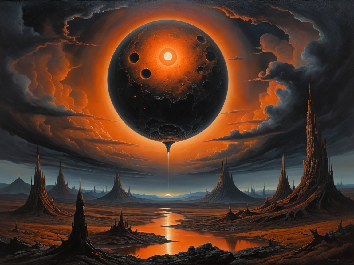 Vibrant Sci-Fi Landscape with Cratered Planet and River