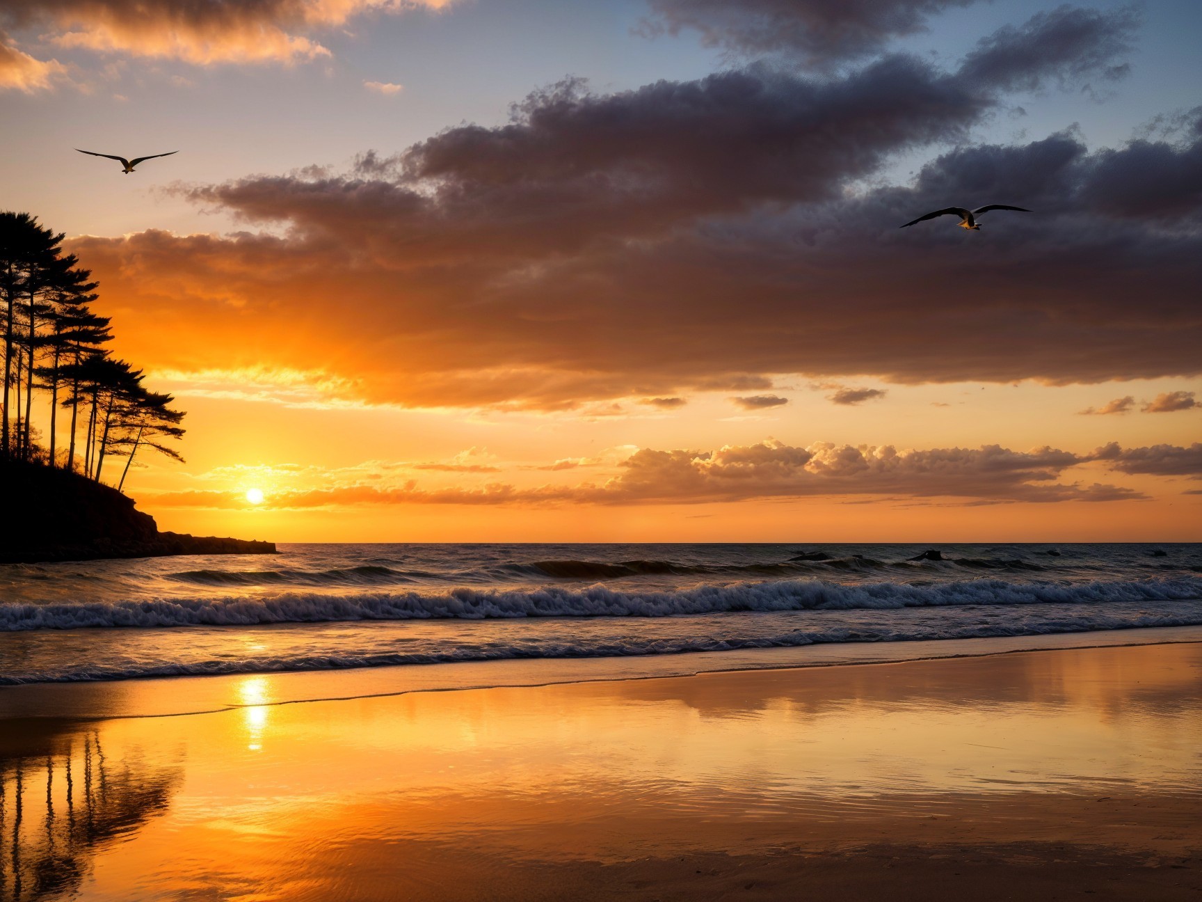 Serene Beach Sunset with Warm Hues and Silhouetted Trees