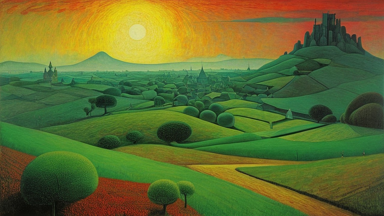 Vibrant Landscape with Hills, Castle, and Colorful Sky