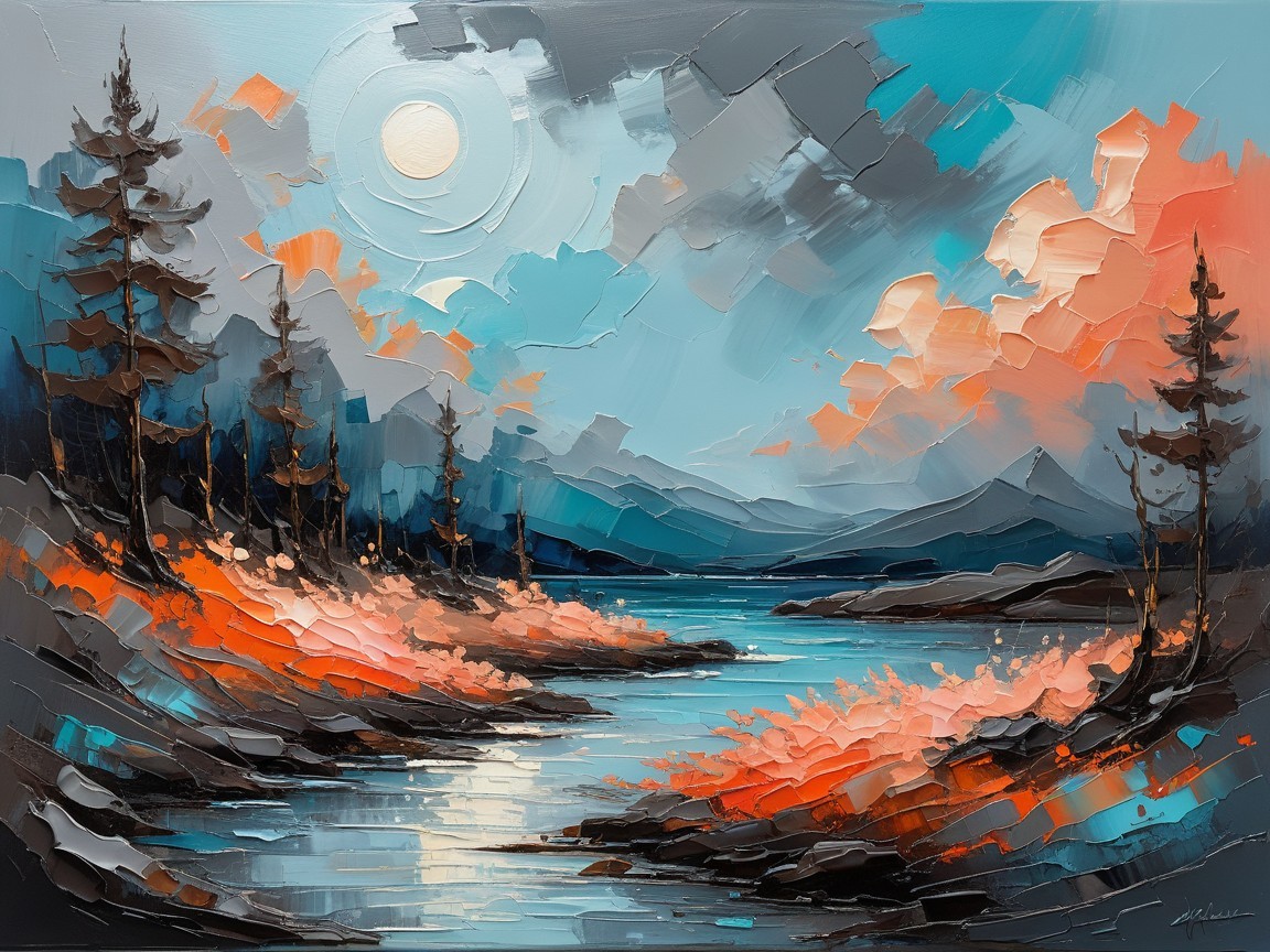 Vibrant Landscape with River and Moonlit Sky