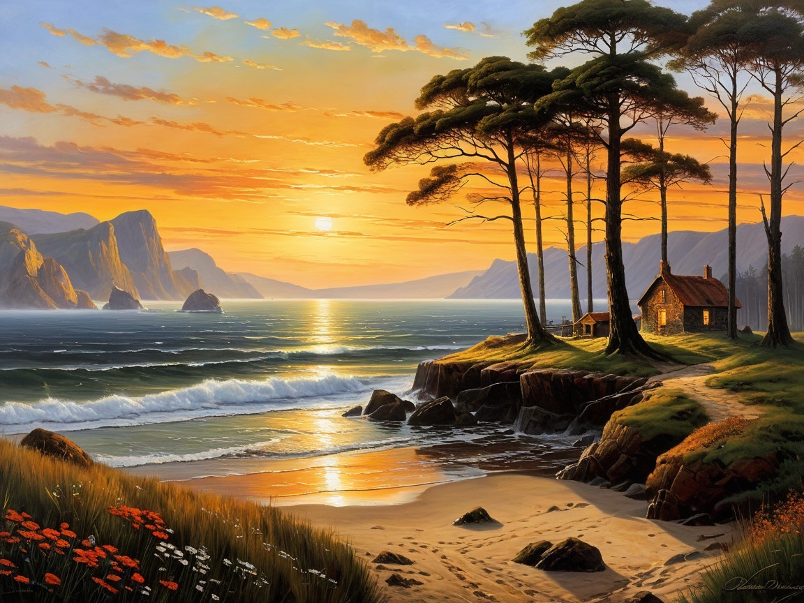 Serene Coastal Landscape at Sunset with Vibrant Hues