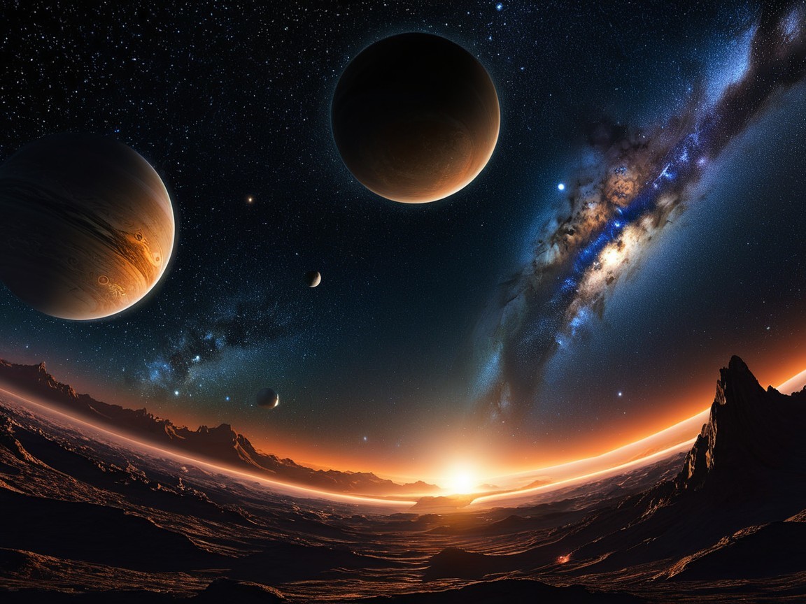 Cosmic Scene with Planets and Alien Landscape