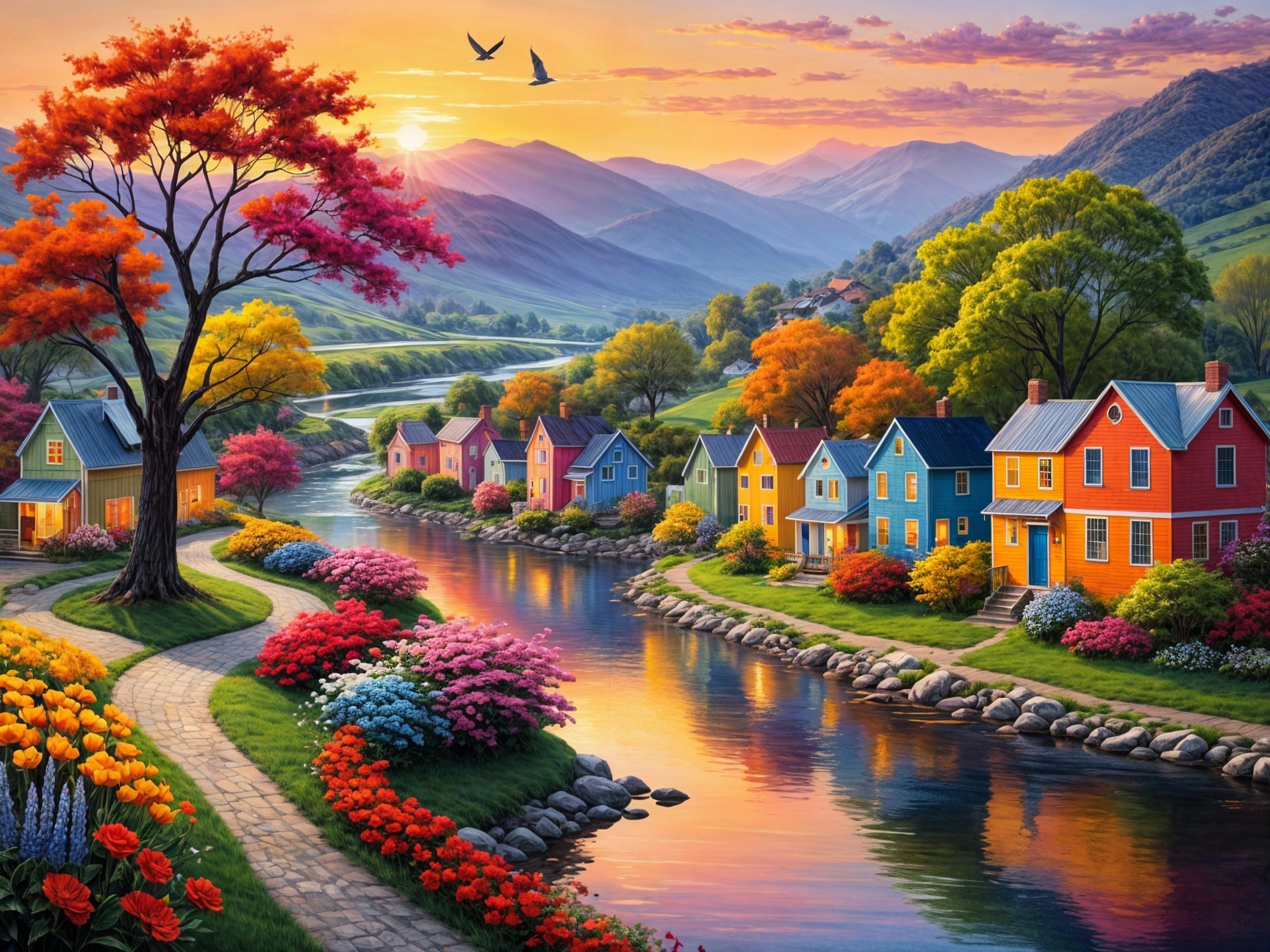 Winding River with Colorful Houses and Mountains