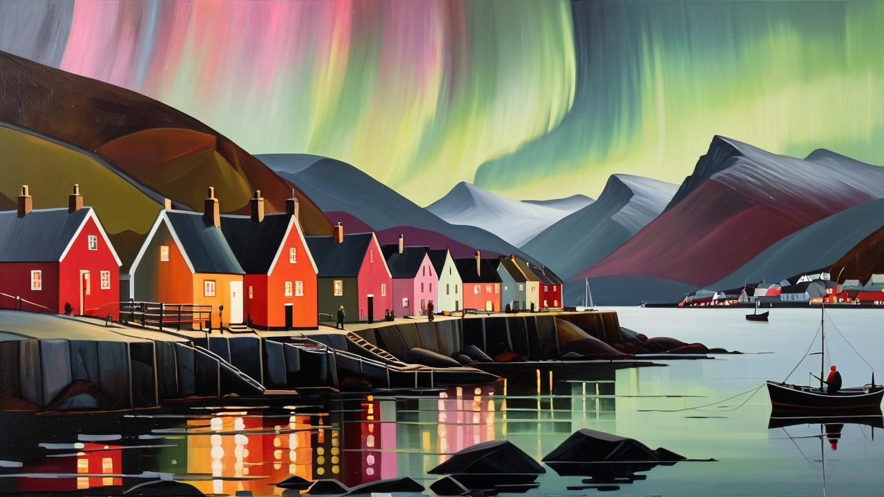Vibrant Village Scene by a Serene Fjord and Aurora