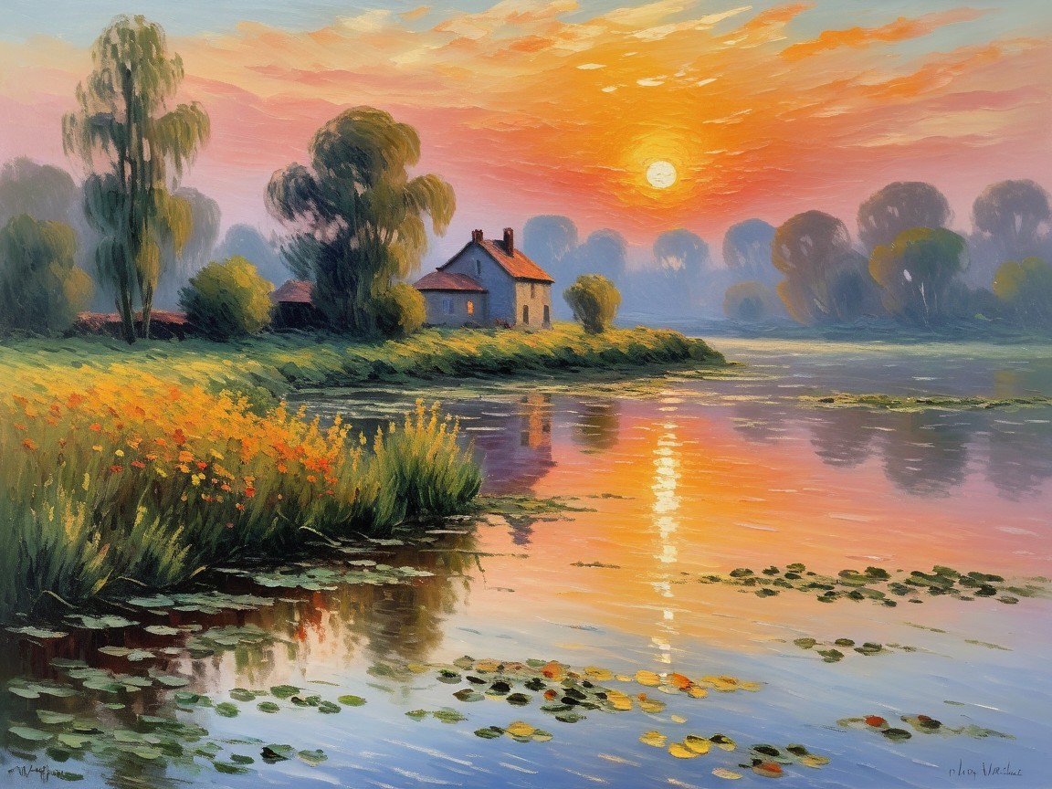 Tranquil Sunset Over Serene River and Lush Landscape