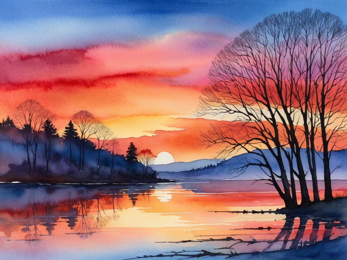 Serene Sunset Over Tranquil Lake Landscape