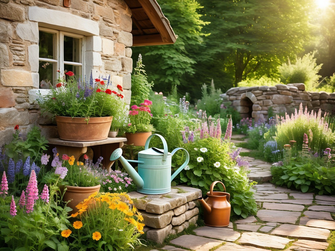 Charming Garden Scene with Stone Cottage and Flowers