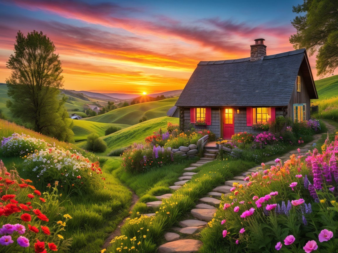 Charming Cottage in a Vibrant Flower Landscape