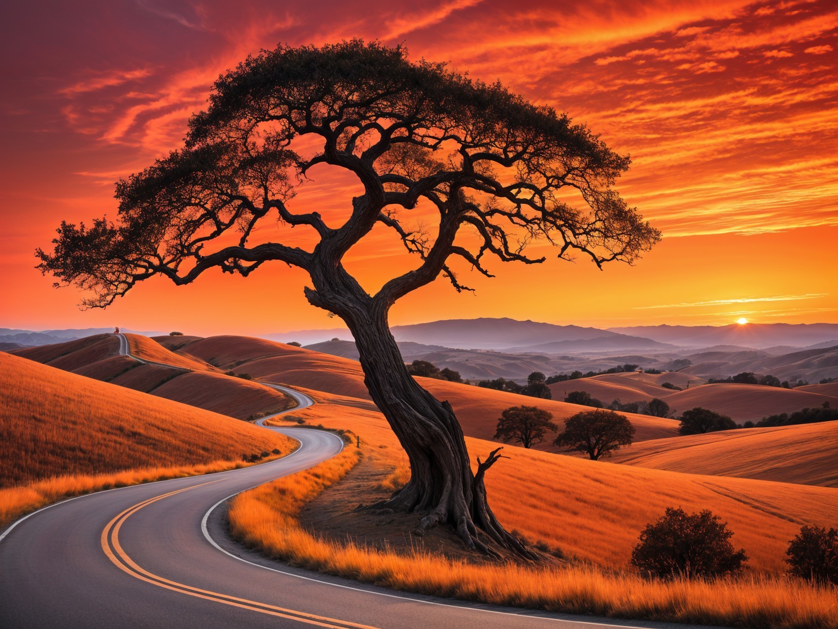 Winding Road Through Golden Hills at Sunset