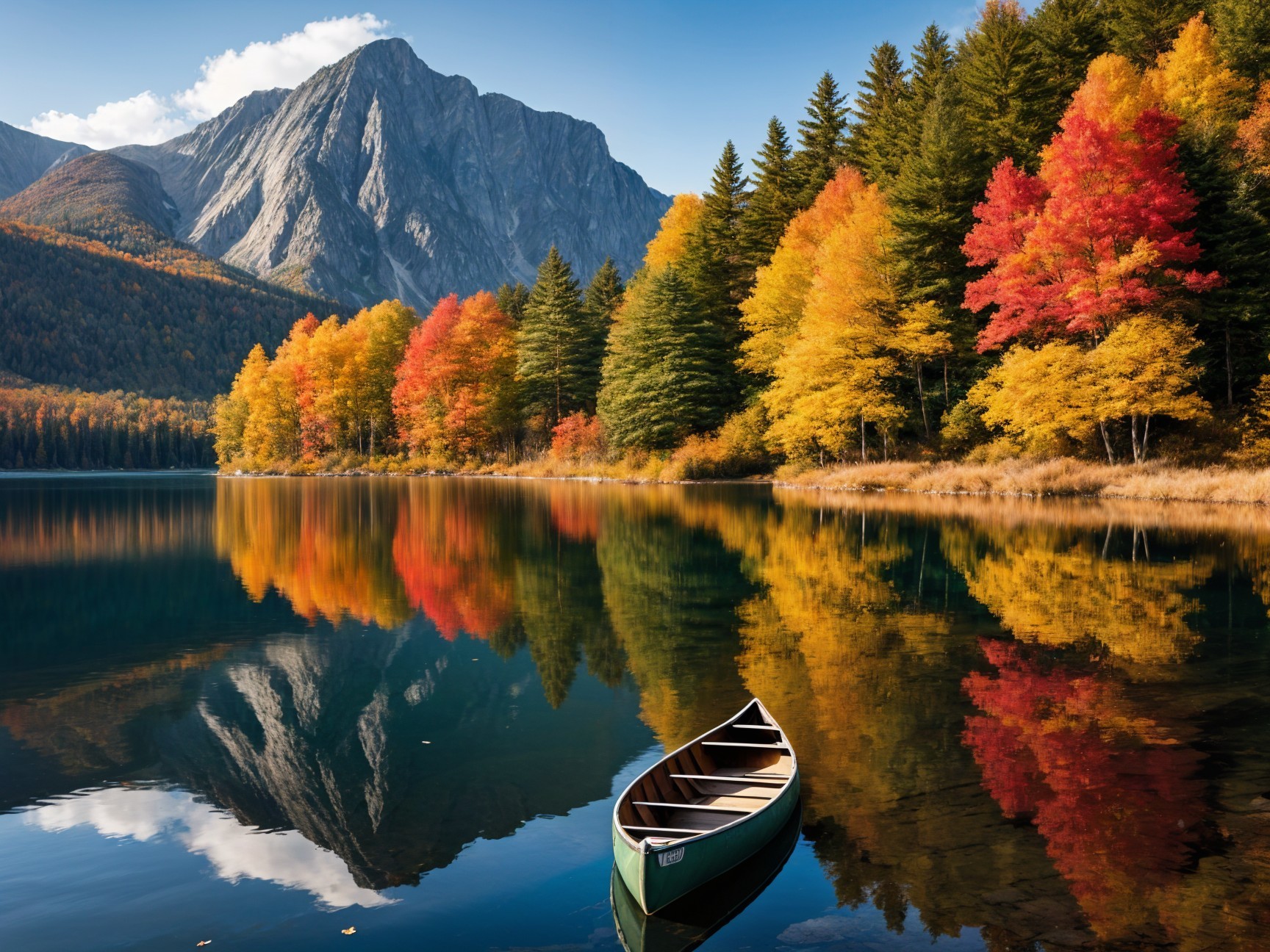 Autumn Lake Reflection with Canoe and Mountains