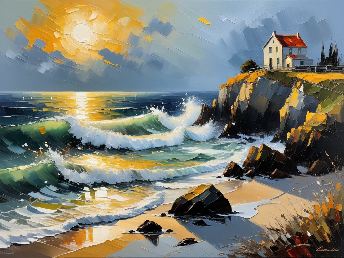 Coastal Scene with House on Rocky Cliff at Sunset
