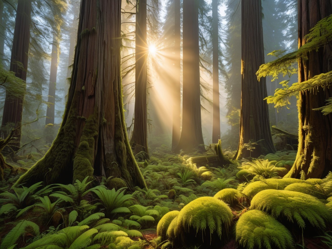 Ancient Forest with Sunbeams and Lush Greenery