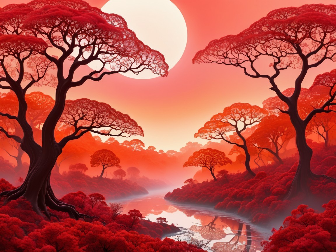 Surreal Landscape with Twisted Trees and River