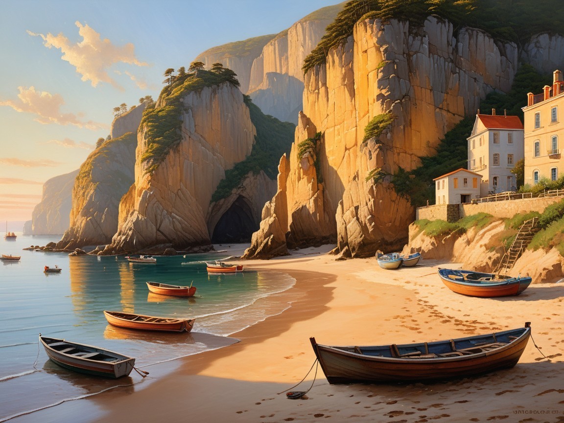 Serene Coastal Scene with Sandy Beach and Cliffs